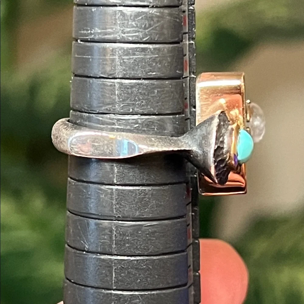 WOW! Artisan Turquoise Moonstone Sterling Silver Modernist Abstract Square Ring